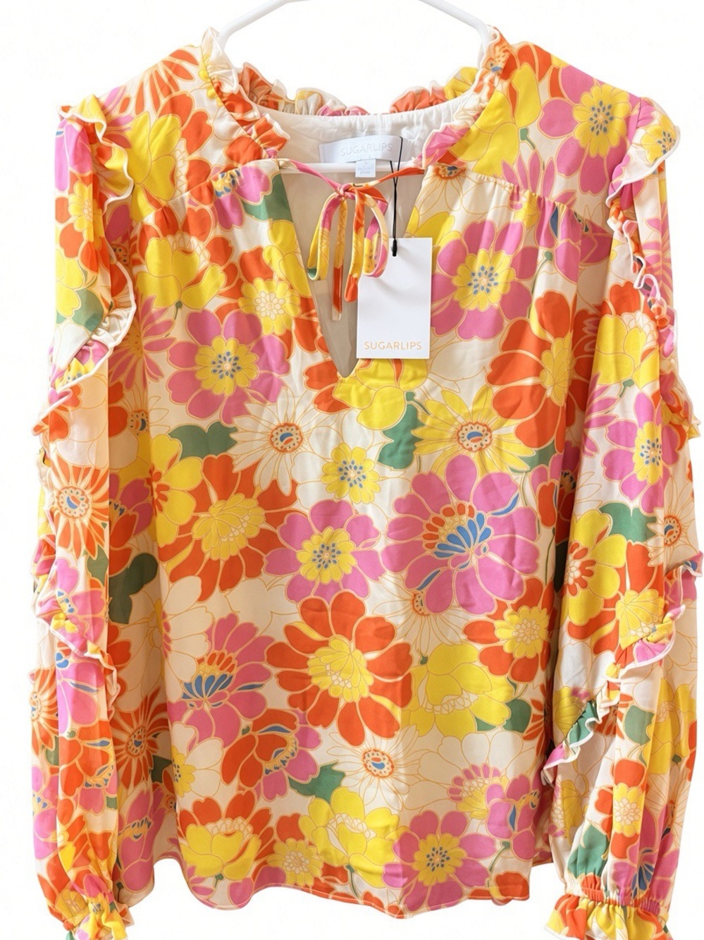 NWT Sugarlips Floral Ruffle Tie Neck Blouse M